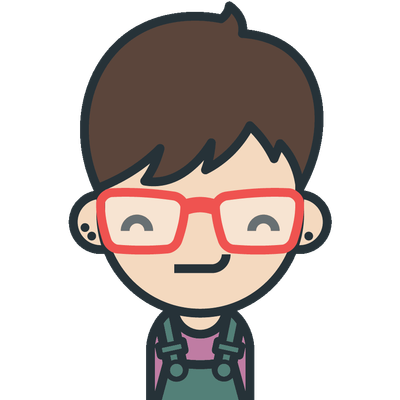 A cartoon avatar of Sara by Andy Carolan. It has sideswept short hair, red rectangular-framed glasses, happy closed eyes, and a sideways smile. It is wearing a purple top and sage green dungarees.