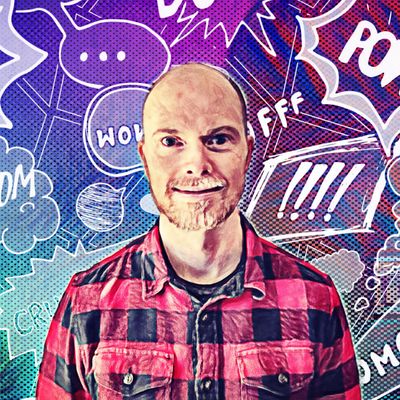 Man in flannel shirt in front of comic book explosions; the only “superpower” on display is turning vibrant red hair into a shiny dome of wisdom.